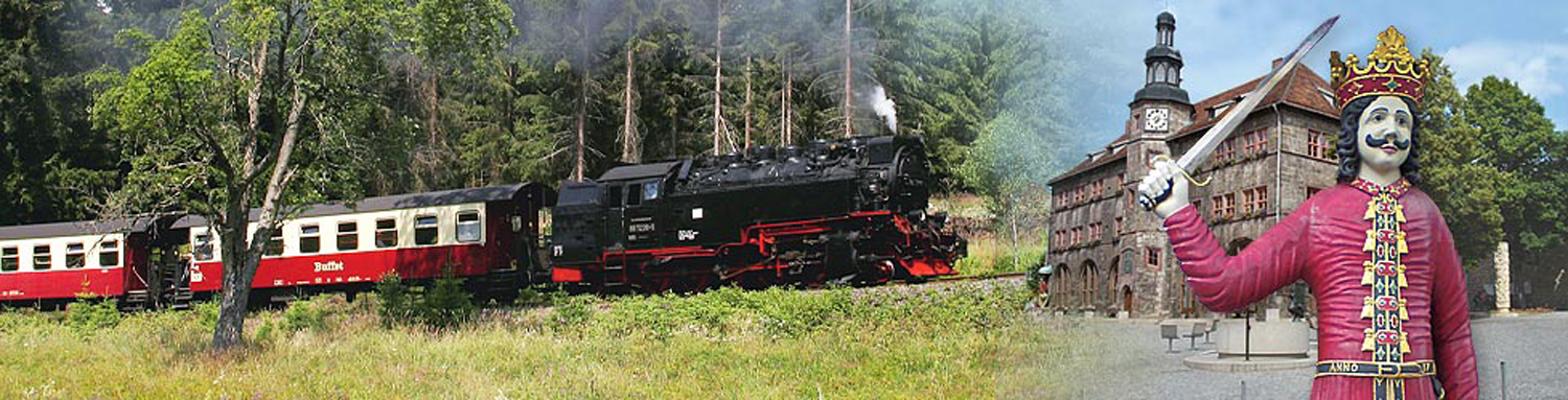 Dampfzug und Königsfigur vor Nordhausen