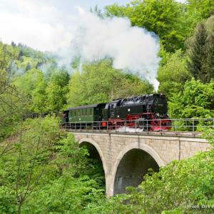 Mit einer Länge von ca. 40 Metern ist das Viadukt bei Ilfeld das längste Brückenbauwerk der HSB. Noch bis zum 31. August ist es sanierungsbedingt für den Zugverkehr gesperrt. (Foto: Dirk Bahnsen)